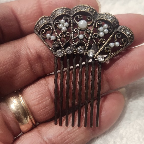 Vintage Style Filigree Hair Comb Antique Bronze Faux Pearl Rhinestone Art Deco - Picture 10 of 13